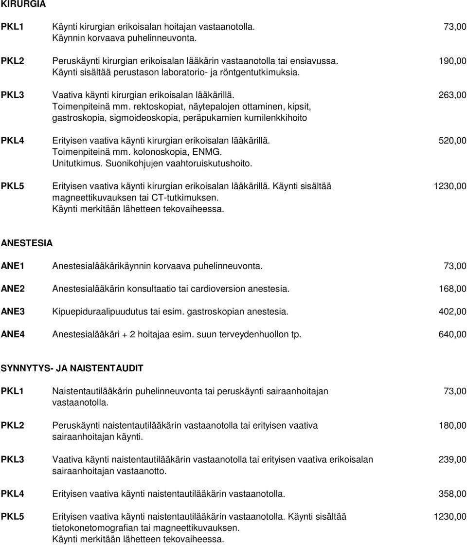 rektoskopiat, näytepalojen ottaminen, kipsit, gastroskopia, sigmoideoskopia, peräpukamien kumilenkkihoito PKL4 Erityisen vaativa käynti kirurgian erikoisalan lääkärillä. 520,00 Toimenpiteinä mm.