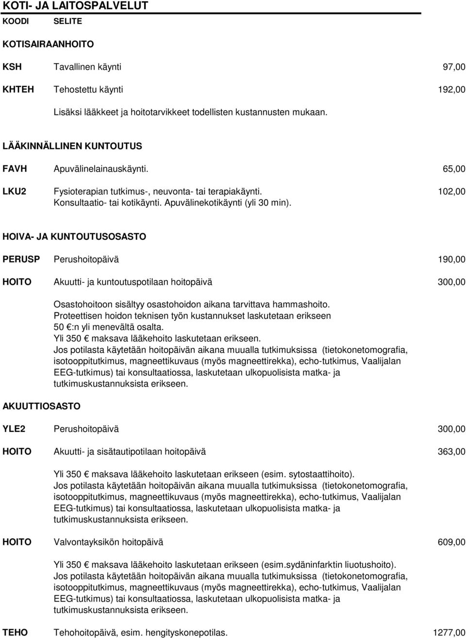 HOIVA- JA KUNTOUTUSOSASTO PERUSP Perushoitopäivä 190,00 HOITO Akuutti- ja kuntoutuspotilaan hoitopäivä 300,00 AKUUTTIOSASTO Osastohoitoon sisältyy osastohoidon aikana tarvittava hammashoito.