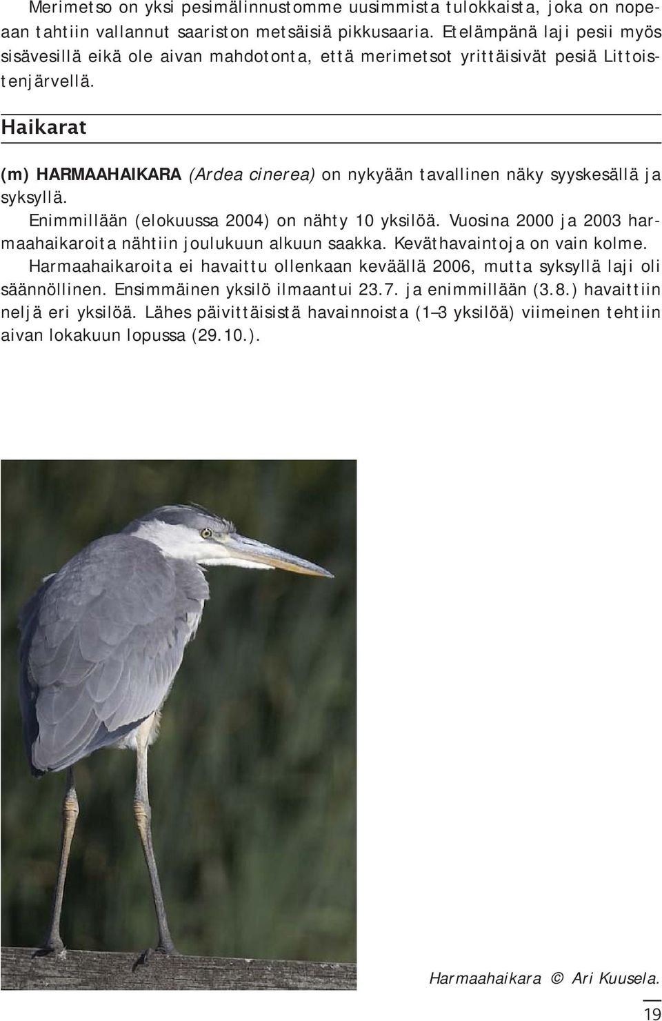 Haikarat (m) HARMAAHAIKARA (Ardea cinerea) on nykyään tavallinen näky syyskesällä ja syksyllä. Enimmillään (elokuussa 2004) on nähty 10 yksilöä.