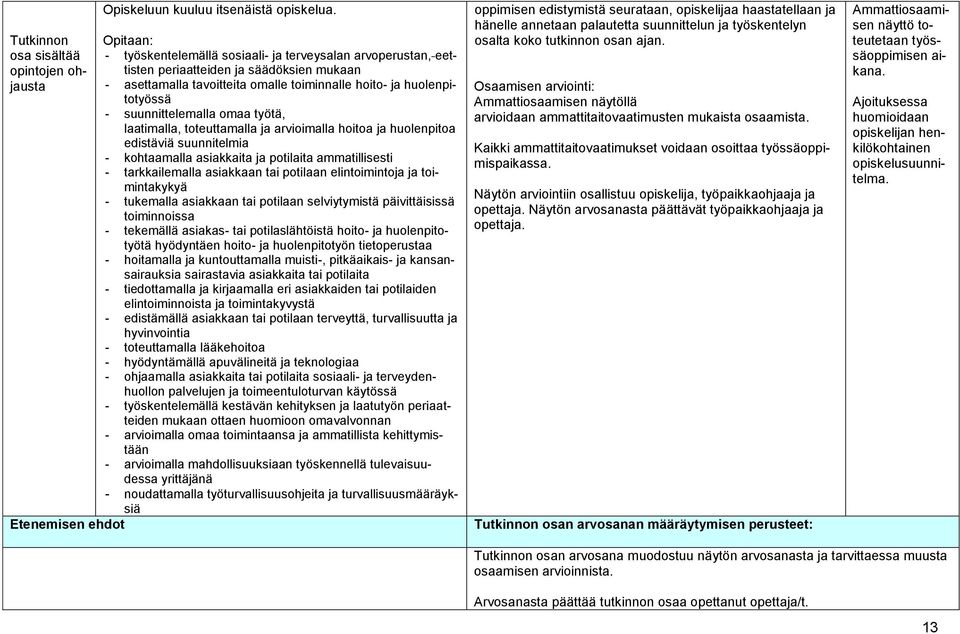 suunnittelemalla omaa työtä, laatimalla, toteuttamalla ja arvioimalla hoitoa ja huolenpitoa edistäviä suunnitelmia - kohtaamalla asiakkaita ja potilaita ammatillisesti - tarkkailemalla asiakkaan tai