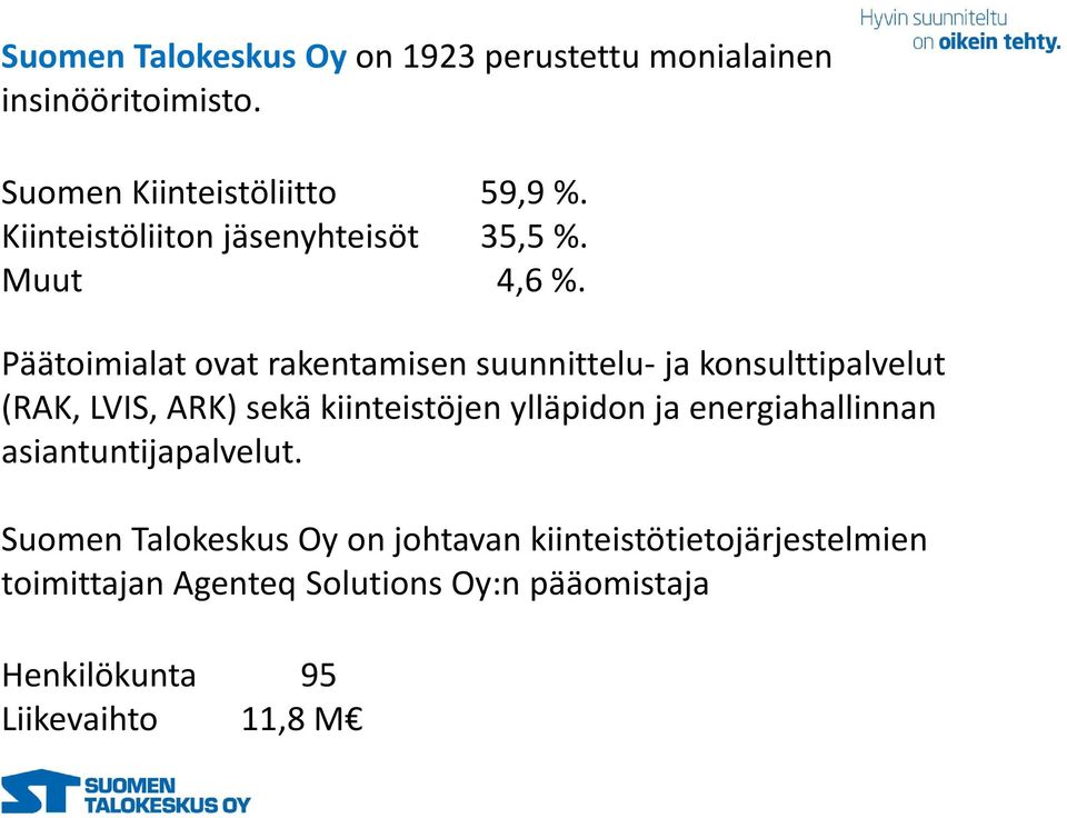 Päätoimialat ovat rakentamisen suunnittelu- ja konsulttipalvelut (RAK, LVIS, ARK) sekä kiinteistöjen ylläpidon