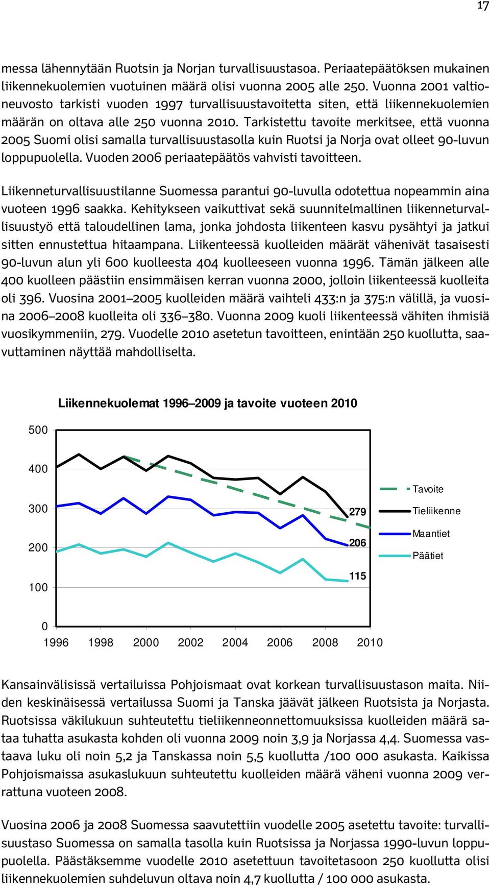 Tarkistettu tavoite merkitsee, että vuonna 2005 Suomi olisi samalla turvallisuustasolla kuin Ruotsi ja Norja ovat olleet 90-luvun loppupuolella. Vuoden 2006 periaatepäätös vahvisti tavoitteen.