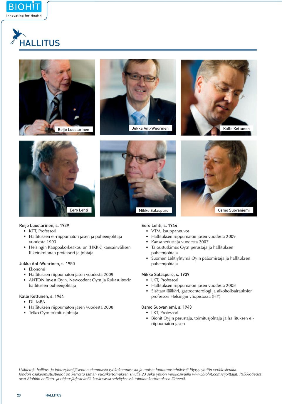 1950 Ekonomi Hallituksen riippumaton jäsen vuodesta 2009 ANTON Invest Oy:n, Newcodent Oy:n ja Rukasuites:in hallitusten puheenjohtaja Kalle Kettunen, s.