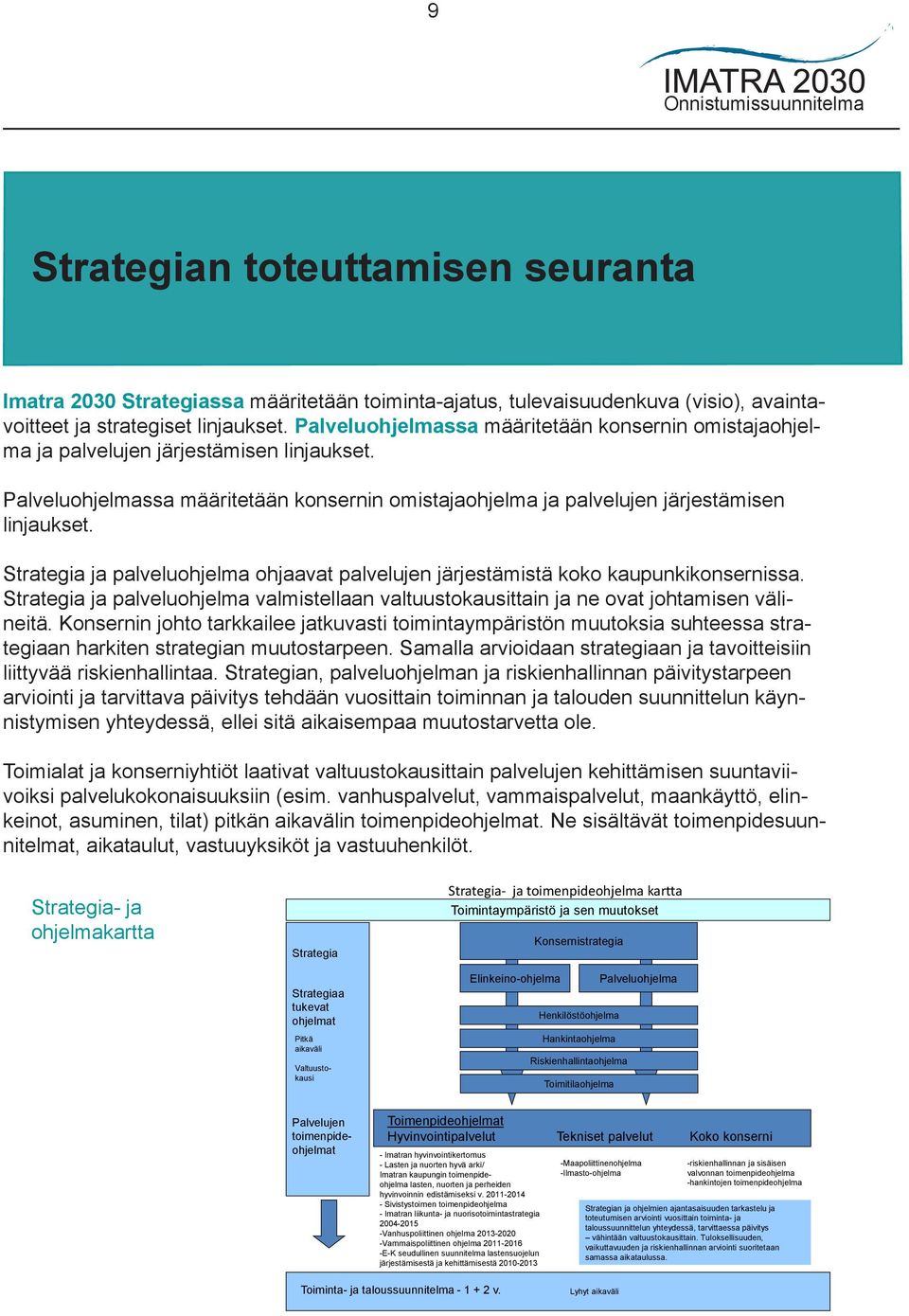 Strategia ja palveluohjelma ohjaavat palvelujen järjestämistä koko kaupunkikonsernissa. Strategia ja palveluohjelma valmistellaan valtuustokausittain ja ne ovat johtamisen välineitä.