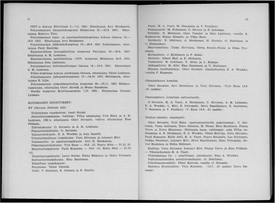 Kansainvälisen lentopalloliiton kongressi Pariisissa 18.-20.9. 1951. Edustajana A. K. Leskinen. Kansainvälisen pyöräilyliiton (UCl) kongressi Milanossa 25.8. 1951. Edustajana Sulo Lahtinen.