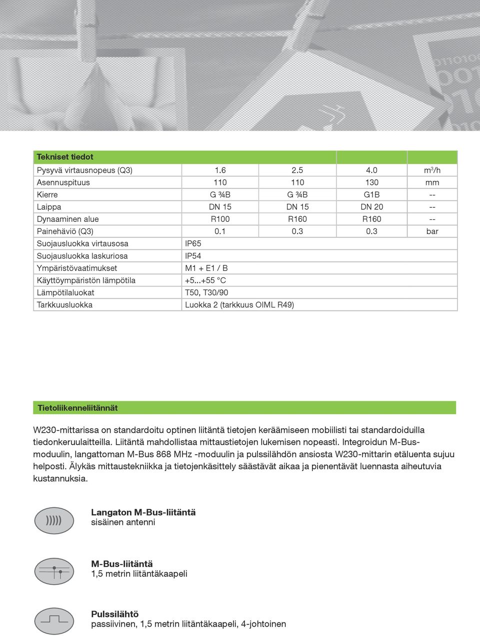 ..+55 C Lämpötilaluokat T50, T30/90 Tarkkuusluokka Luokka 2 (tarkkuus OIML R49) Tietoliikenneliitännät W230-mittarissa on standardoitu optinen liitäntä tietojen keräämiseen mobiilisti tai