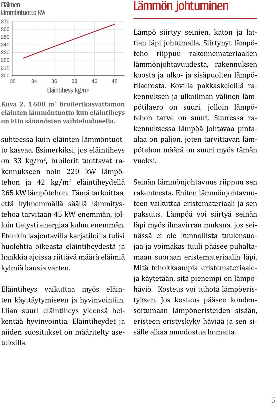 Esimerkiksi, jos eläintiheys on 33 kg/m 2, broilerit tuottavat rakennukseen noin 220 kw lämpötehon ja 42 kg/m 2 eläintiheydellä 265 kw lämpötehon.