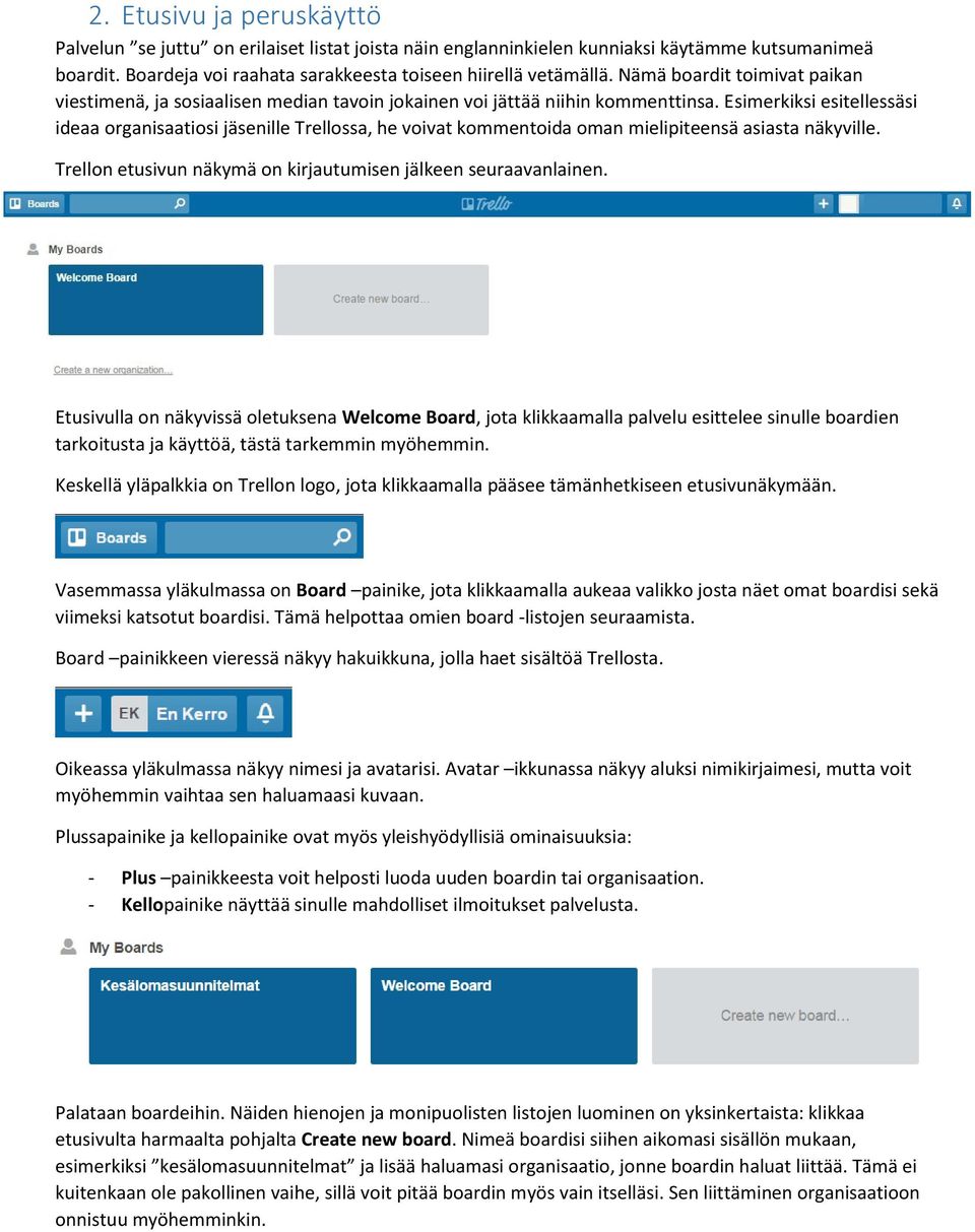 Esimerkiksi esitellessäsi ideaa organisaatiosi jäsenille Trellossa, he voivat kommentoida oman mielipiteensä asiasta näkyville. Trellon etusivun näkymä on kirjautumisen jälkeen seuraavanlainen.