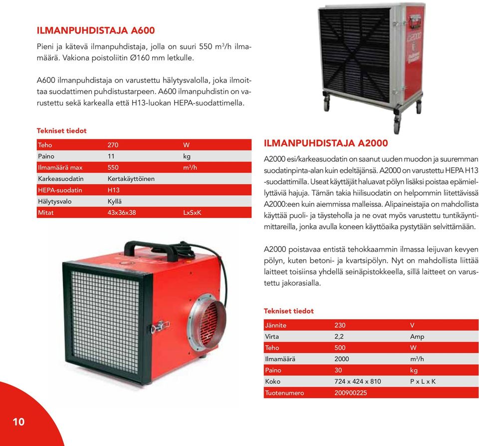 Tekniset tiedot Teho 270 W Paino 11 kg Ilmamäärä max 550 m 3 /h Karkeasuodatin Kertakäyttöinen HEPA-suodatin H13 Hälytysvalo Kyllä Mitat 43x36x38 LxSxK Ilmanpuhdistaja A2000 A2000 esi/karkeasuodatin