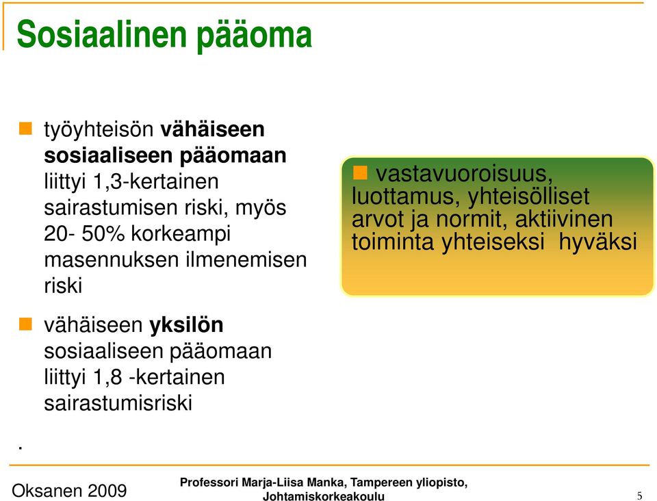 luottamus, yhteisölliset arvot ja normit, aktiivinen toiminta yhteiseksi hyväksi vähäiseen