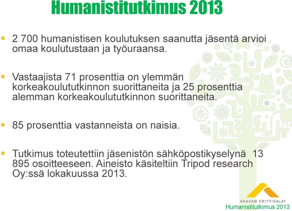 Vastaajista 71 prosenttia on ylemmän korkeakoulututkinnon suorittaneita ja 25 prosenttia alemman