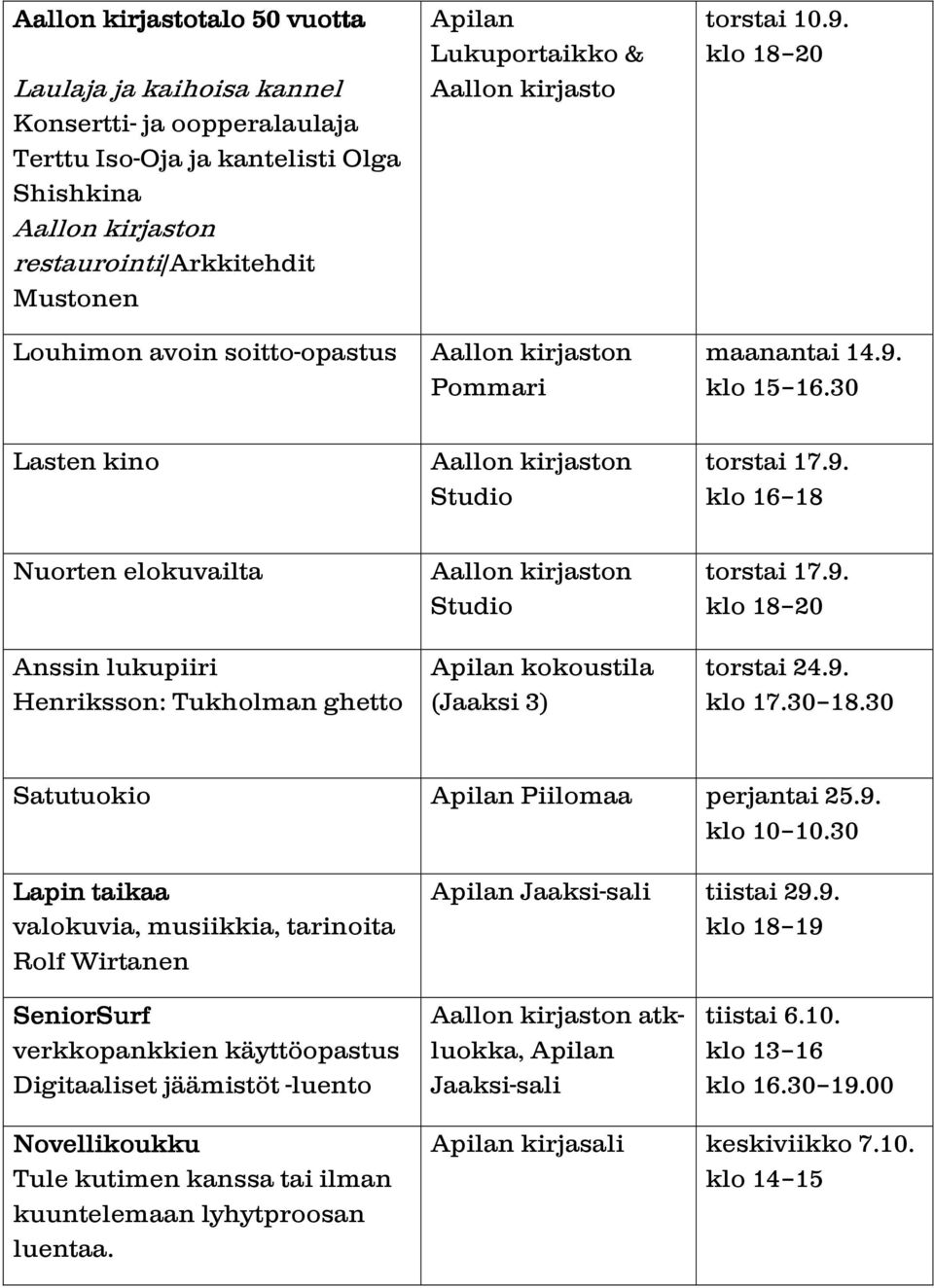 9. torstai 24.9. Satutuokio Apilan Piilomaa perjantai 25.9. klo 10 10.30 Lapin taikaa valokuvia, musiikkia, tarinoita Rolf Wirtanen Apilan Jaaksi-sali tiistai 29.9. klo 18 19 SeniorSurf verkkopankkien käyttöopastus Digitaaliset jäämistöt -luento atkluokka, Apilan Jaaksi-sali tiistai 6.