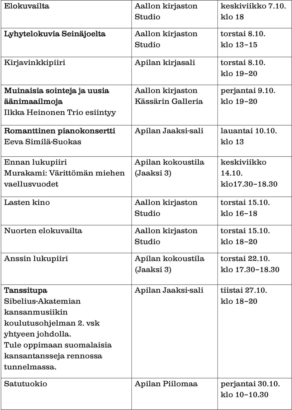 10. klo17.30 18.30 torstai 15.10. klo 16 18 torstai 15.10. torstai 22.10. Tanssitupa Sibelius-Akatemian kansanmusiikin koulutusohjelman 2. vsk yhtyeen johdolla.