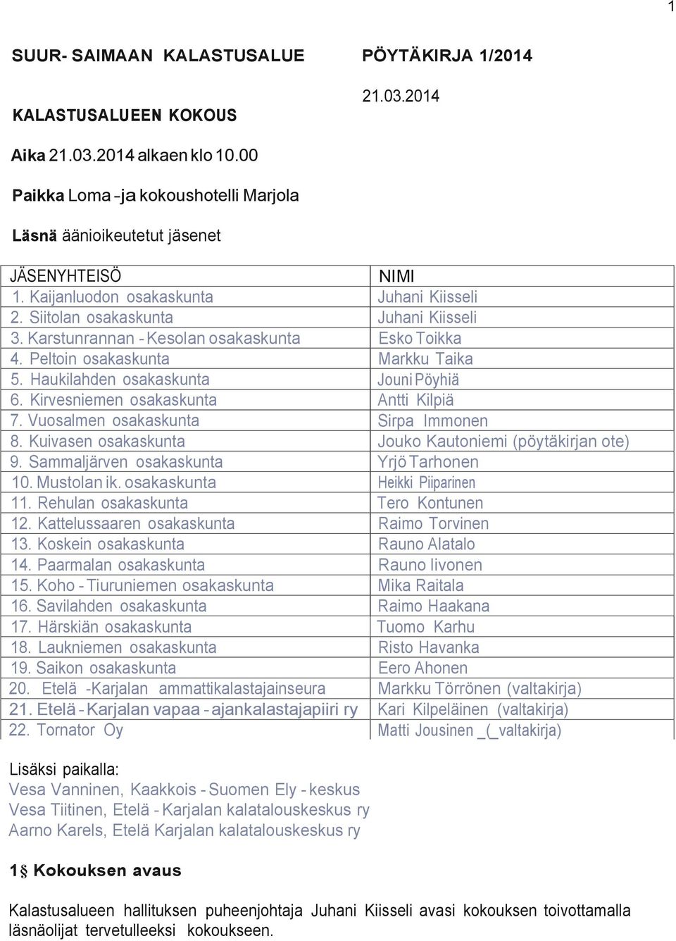 Haukilahden osakaskunta Jouni Pöyhiä 6. Kirvesniemen osakaskunta Antti Kilpiä 7. Vuosalmen osakaskunta Sirpa Immonen 8. Kuivasen osakaskunta Jouko Kautoniemi (pöytäkirjan ote) 9.