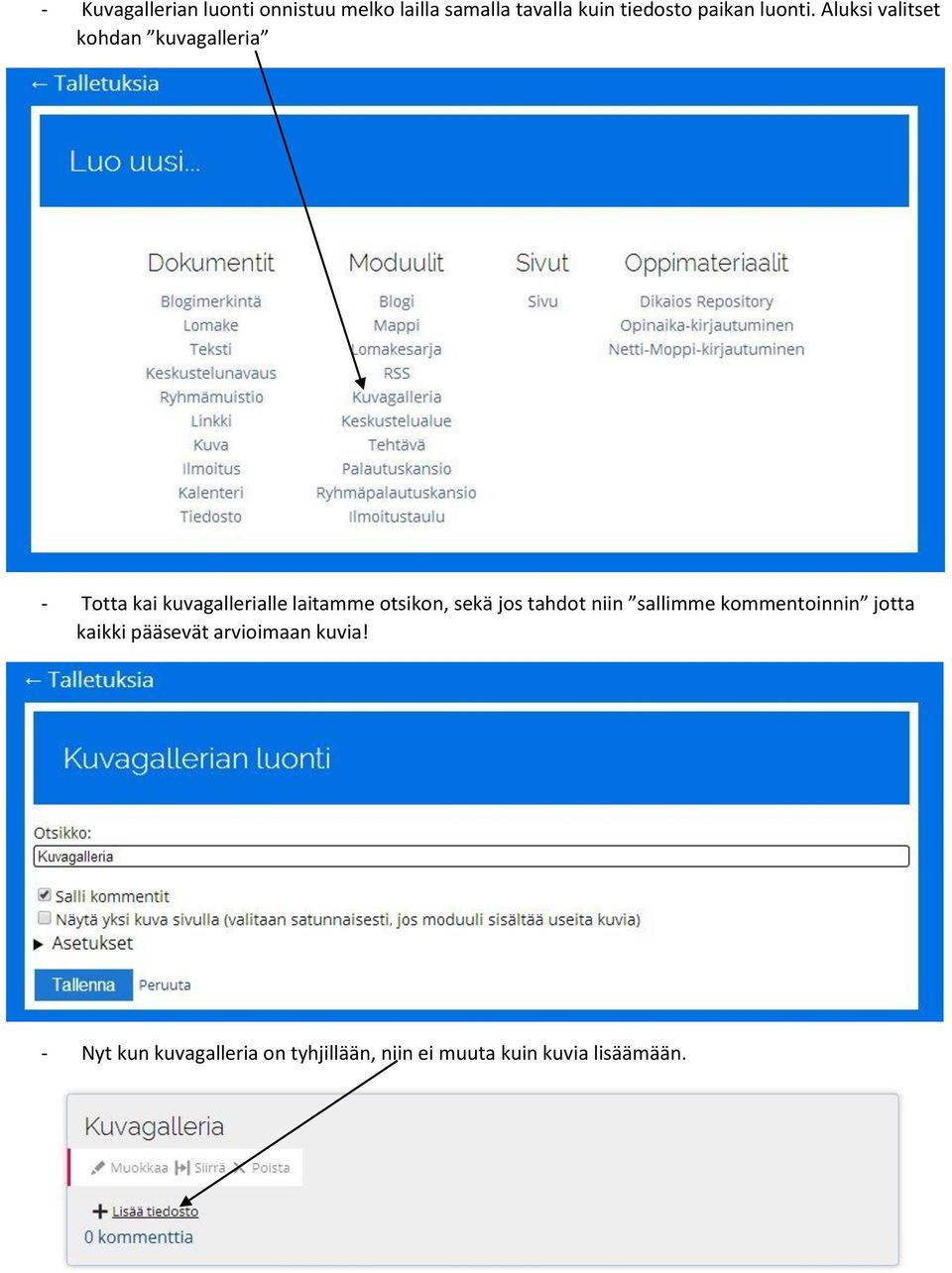 Aluksi valitset kohdan kuvagalleria - Totta kai kuvagallerialle laitamme otsikon,