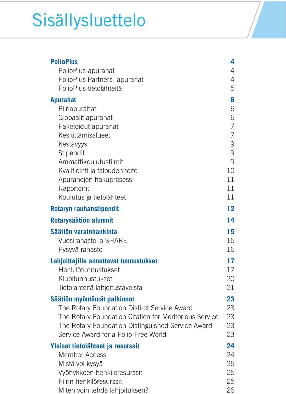 14 Säätiön varainhankinta 15 Vuosirahasto ja SHARE 15 Pysyvä rahasto 16 Lahjoittajille annettavat tunnustukset 17 Henkilötunnustukset 17 Klubitunnustukset 20 Tietolähteitä lahjoitustavoista 21