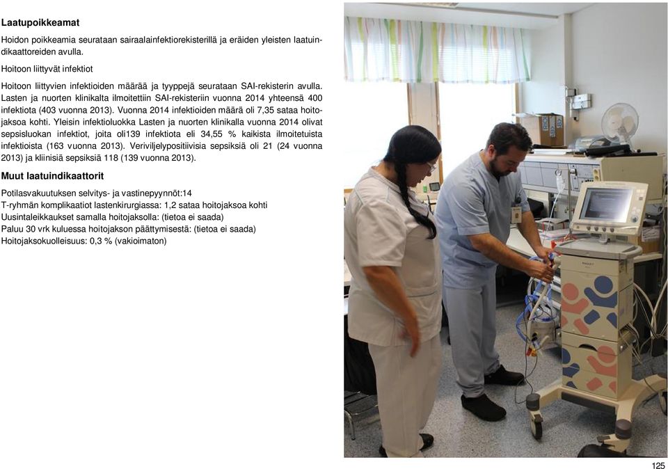 Lasten ja nuorten klinikalta ilmoitettiin SAI-rekisteriin vuonna 2014 yhteensä 400 infektiota (403 vuonna 2013). Vuonna 2014 infektioiden määrä oli 7,35 sataa hoitojaksoa kohti.