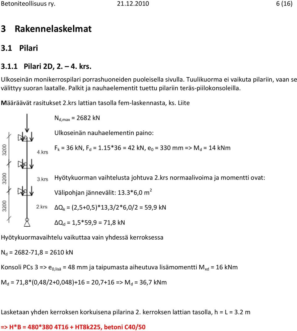 Liite N d,max = 2682 kn Ulkoseinän nauhaelementin paino: F k = 36 kn, F d = 1.15*36 = 42 kn, e 0 = 330 mm => M d = 14 knm n vaihtelusta johtuva 2.