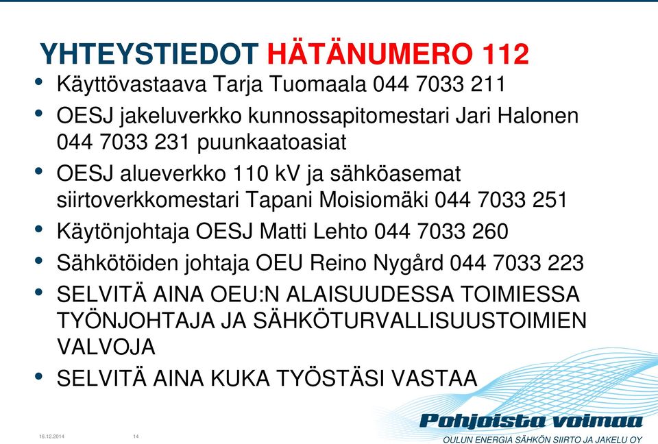 044 7033 251 Käytönjohtaja OESJ Matti Lehto 044 7033 260 Sähkötöiden johtaja OEU Reino Nygård 044 7033 223 SELVITÄ