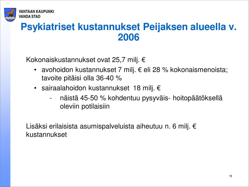 eli 28 % kokonaismenoista; tavoite pitäisi olla 36-40 % sairaalahoidon kustannukset 18