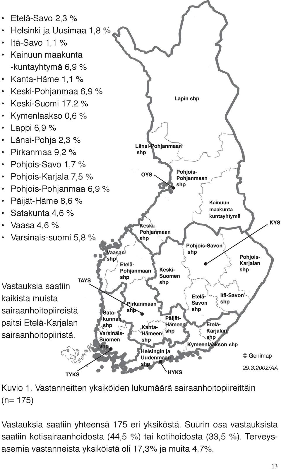 saatiin kaikista muista sairaanhoitopiireistä paitsi Etelä-Karjalan sairaanhoitopiiristä. shp Genimap 29.3.2002/AA Kuvio 1.