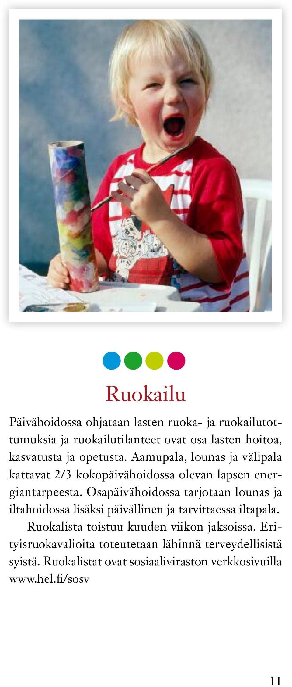 Osapäivähoidossa tarjotaan lounas ja iltahoidossa lisäksi päivällinen ja tarvittaessa iltapala.