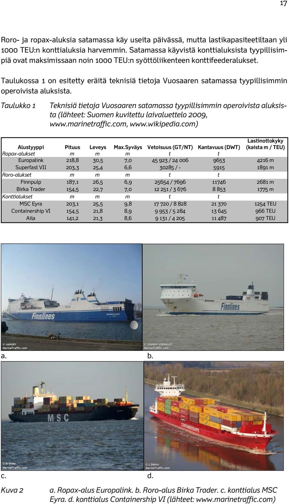 Taulukossa 1 on esitetty eräitä teknisiä tietoja Vuosaaren satamassa tyypillisimmin operoivista aluksista.