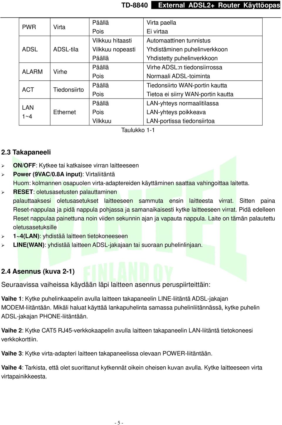 normaalitilassa Pois LAN-yhteys poikkeava Vilkkuu LAN-portissa tiedonsiirtoa Taulukko 1-1 2.3 Takapaneeli ON/OFF: Kytkee tai katkaisee virran laitteeseen Power (9VAC/0.