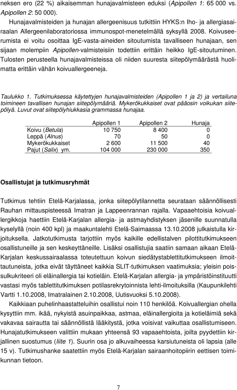 Koivuseerumista ei voitu osoittaa IgE-vasta-aineiden sitoutumista tavalliseen hunajaan, sen sijaan molempiin Apipollen-valmisteisiin todettiin erittäin heikko IgE-sitoutuminen.