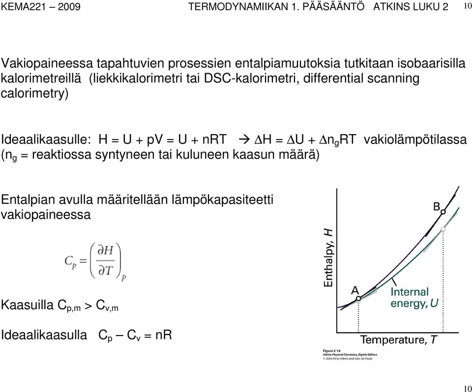 kalorimetreillä (liekkikalorimetri tai DSC-kalorimetri, differential scanning calorimetry) Ideaalikaasulle: H = U + pv