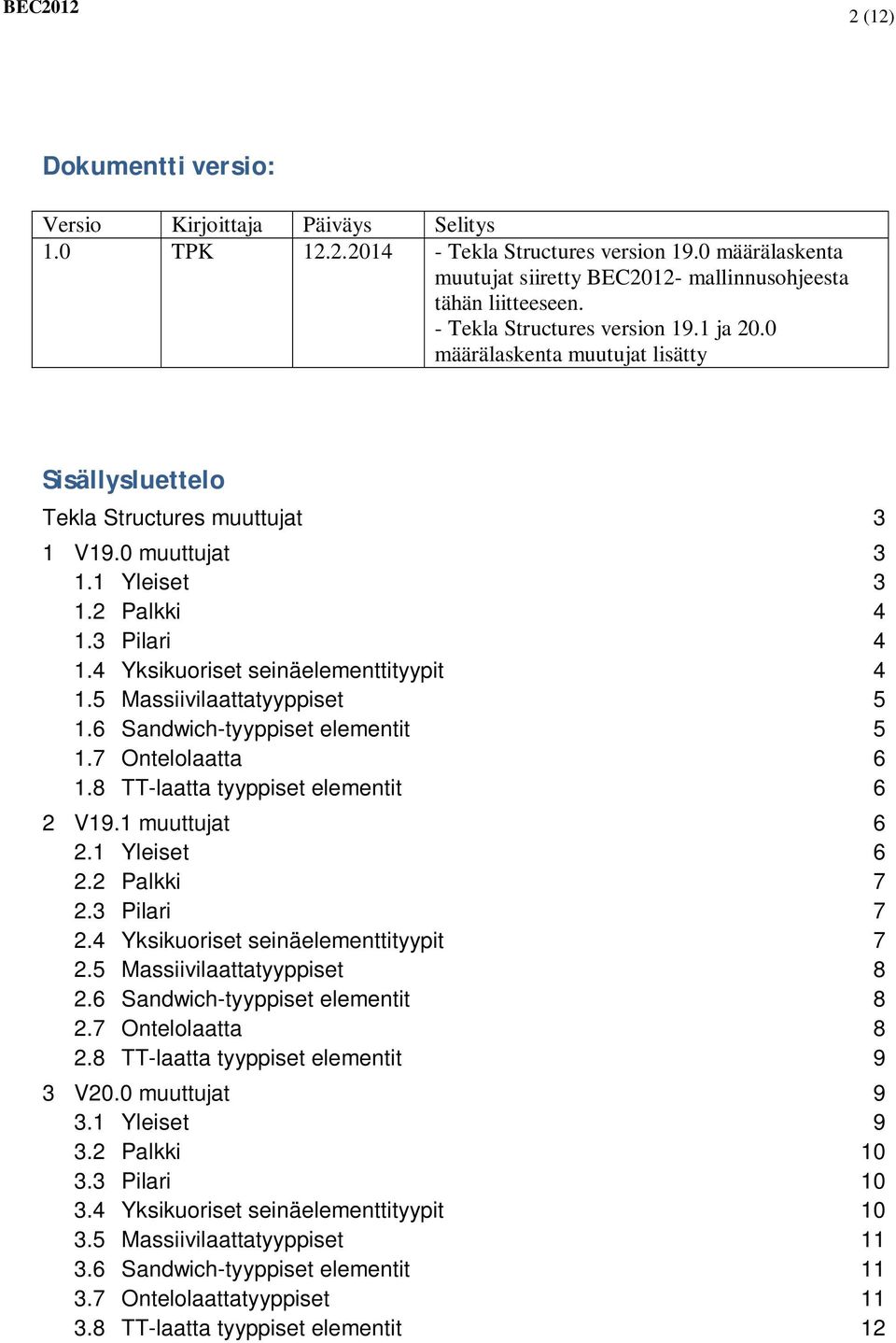 4 Yksikuoriset seinäelementtityypit 4 1.5 Massiivilaattatyyppiset 5 1.6 Sandwich-tyyppiset elementit 5 1.7 Ontelolaatta 6 1.8 TT-laatta tyyppiset elementit 6 2 V19.1 muuttujat 6 2.1 Yleiset 6 2.
