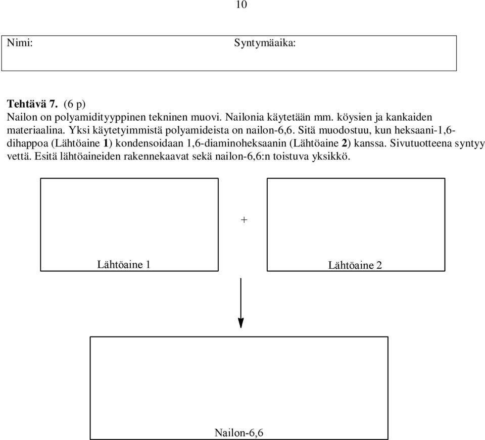 Sitä muodostuu, kun heksaani-1,6- dihappoa (Lähtöaine 1) kondensoidaan 1,6-diaminoheksaanin