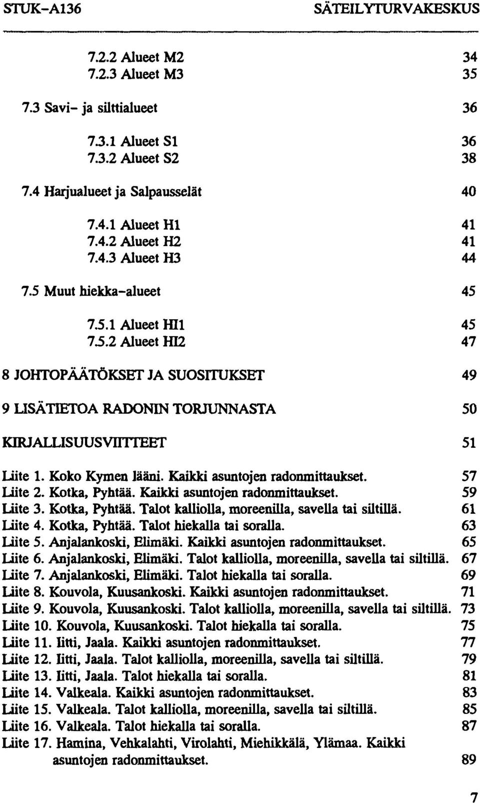 Kaikki asuntojen radonmittaukset. 57 Liite 2. Kotka, Pyhtää. Kaikki asuntojen radonmittaukset. 59 liite 3. Kotka, Pyhtää. Talot kalliolla, moreenilla, savella tai siltillä. 61 Liite 4. Kotka, Pyhtää. Talot hiekalla tai soralla.