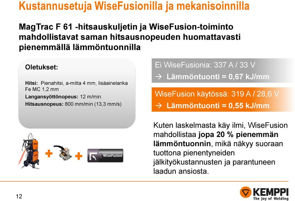(13,3 mm/s) Ei WiseFusionia: 337 A / 33 V Lämmöntuonti = 0,67 kj/mm WiseFusion käytössä: 319 A / 28,6 V Lämmöntuonti = 0,55 kj/mm Kuten laskelmasta käy