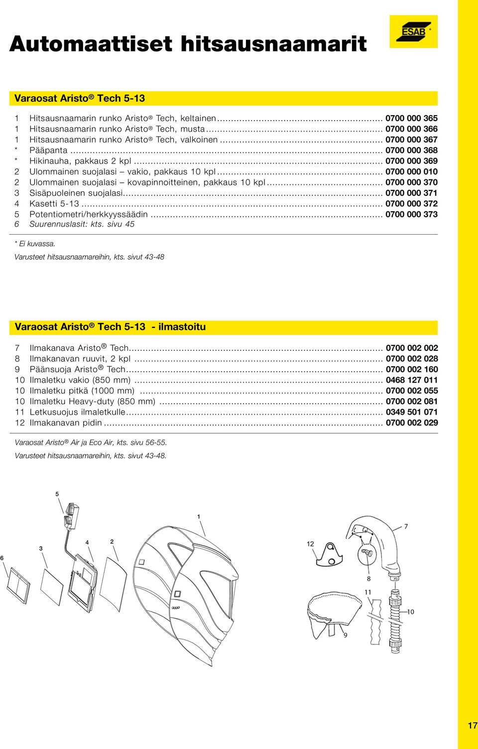 .. 0700 000 010 2 Ulommainen suojalasi kovapinnoitteinen, pakkaus 10 kpl... 0700 000 370 3 Sisäpuoleinen suojalasi... 0700 000 371 4 Kasetti 5-13... 0700 000 372 5 Potentiometri/herkkyyssäädin.