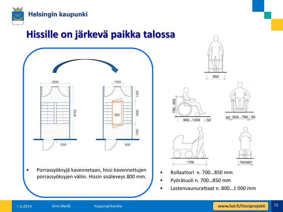 Hissin sisäleveys 800 mm. Rollaattori n.