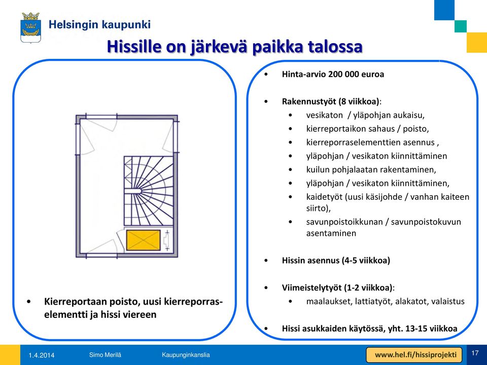 käsijohde / vanhan kaiteen siirto), savunpoistoikkunan / savunpoistokuvun asentaminen Hissin asennus (4-5 viikkoa) Kierreportaan poisto, uusi