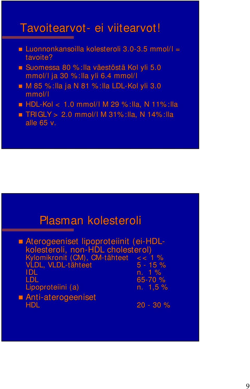 0 mmol/l M 29 %:lla, N 11%:lla TRIGLY > 2.0 mmol/l M 31%:lla, N 14%:lla alle 65 v.