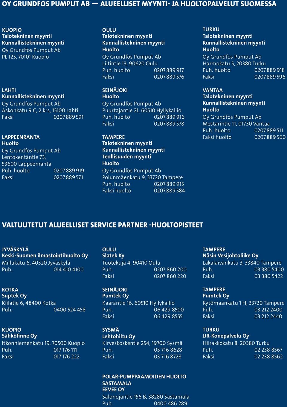 huolto 0207 889 916 Faksi 0207 889 578 TAMPERE Teollisuuden myynti Polunmäenkatu 9, 33720 Tampere Puh. huolto 0207 889 915 Faksi huolto 0207 889 584 TURKU Harmokatu 5, 20380 Turku Puh.