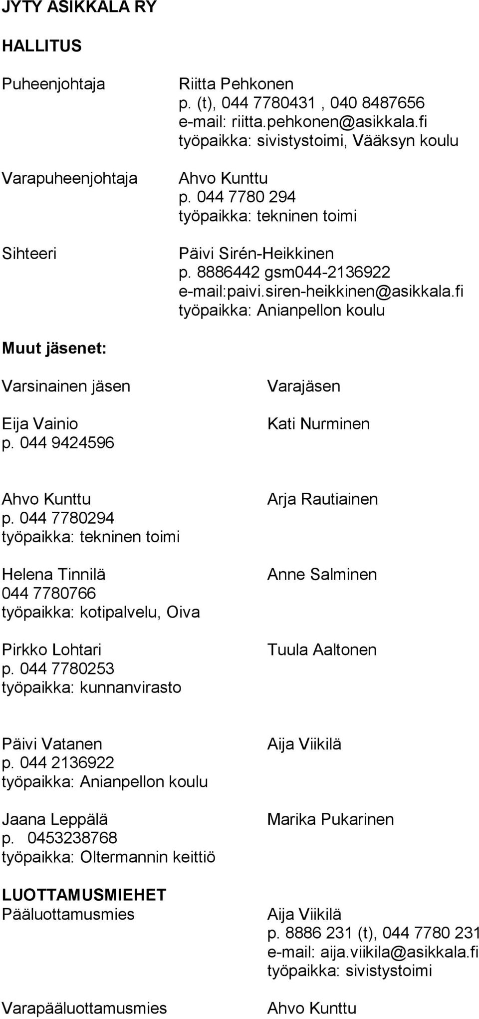 fi työpaikka: Anianpellon koulu Muut jäsenet: Varsinainen jäsen Eija Vainio p. 044 9424596 Varajäsen Kati Nurminen Ahvo Kunttu p.