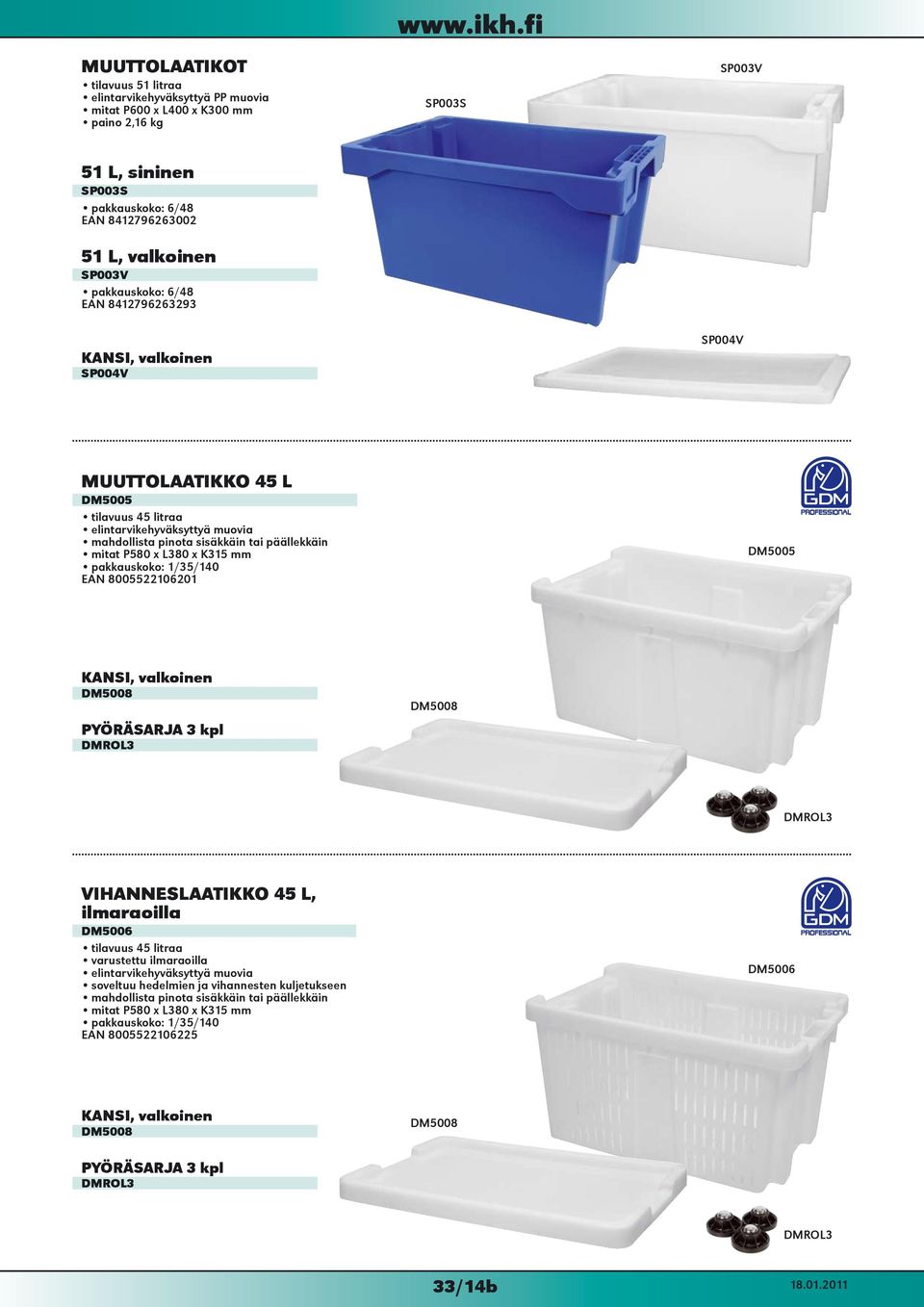 mitat P580 x L380 x K315 mm /35/140 EAN 8005522106201 DM5005 KANSI, valkoinen DM5008 PYÖRÄSARJA 3 kpl DMROL3 DM5008 DMROL3 VIHANNESLAATIKKO 45 L, ilmaraoilla DM5006 tilavuus 45 litraa varustettu