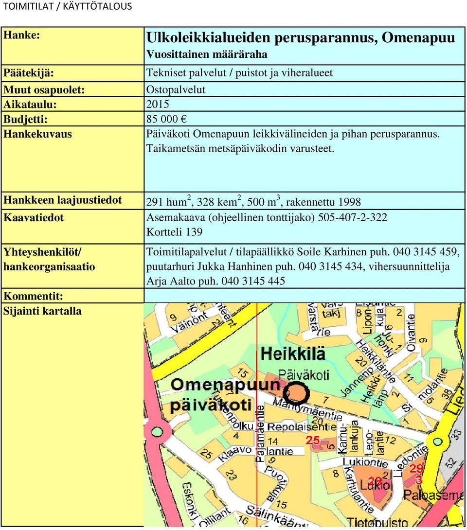 Hankkeen laajuustiedot 291 hum 2, 328 kem 2, 500 m 3, rakennettu 1998 Kaavatiedot Asemakaava (ohjeellinen tonttijako) 505-407-2-322