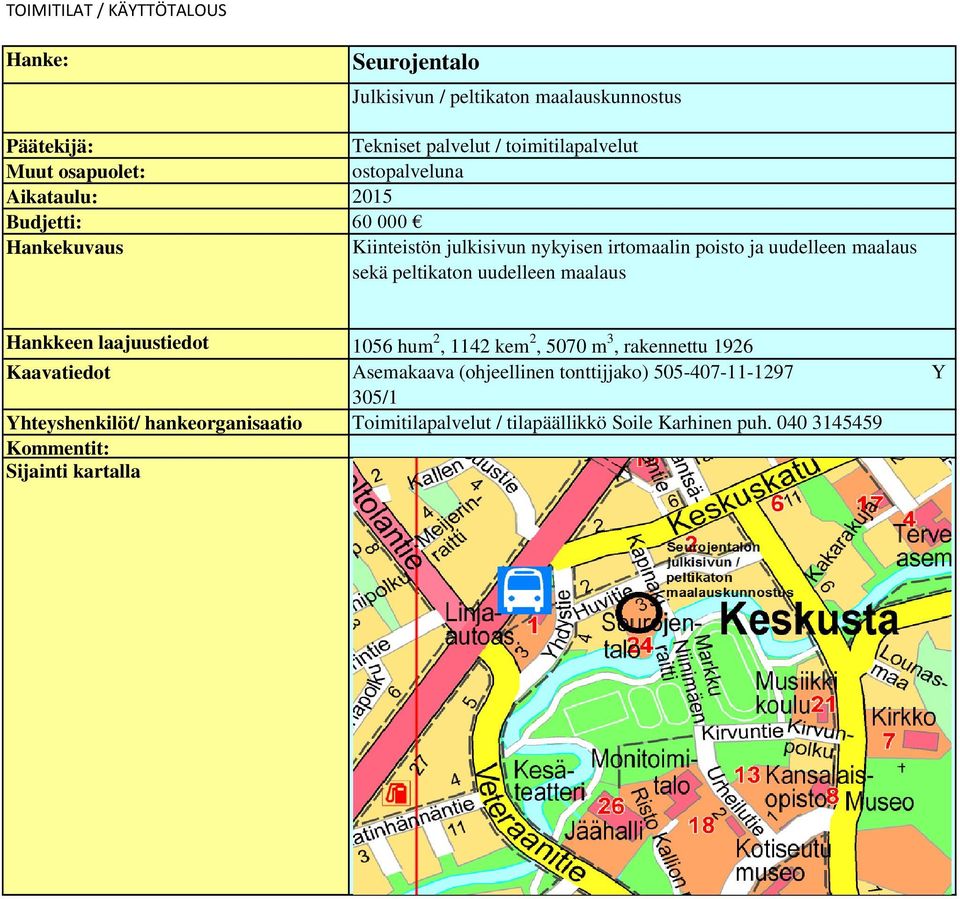 maalaus Hankkeen laajuustiedot 1056 hum 2, 1142 kem 2, 5070 m 3, rakennettu 1926 Kaavatiedot Asemakaava