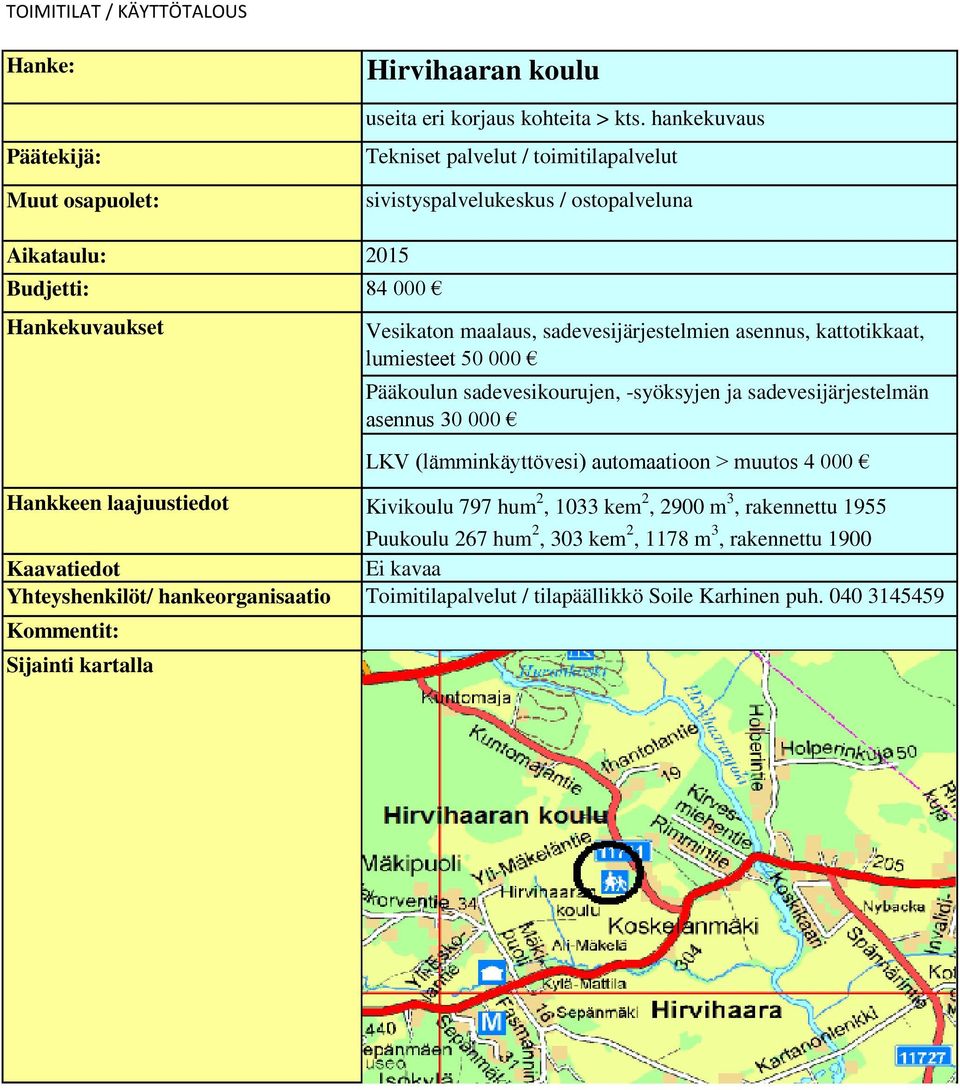 (lämminkäyttövesi) automaatioon > muutos 4 000 Hankkeen laajuustiedot Kivikoulu 797 hum 2, 1033 kem 2, 2900 m 3, rakennettu 1955