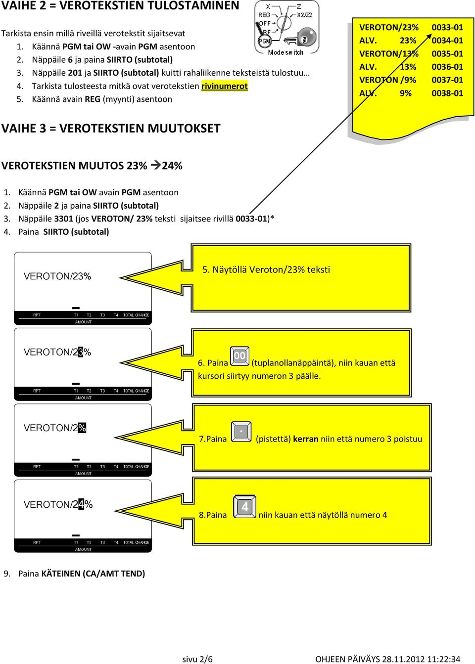 23% 0034-01 VEROTON/13% 0035-01 ALV. 13% 0036-01 VEROTON /9% 0037-01 ALV. 9% 0038-01 VAIHE 3 = VEROTEKSTIEN MUUTOKSET VEROTEKSTIEN MUUTOS 23% 24% 1. Käännä PGM tai OW avain PGM asentoon 2.