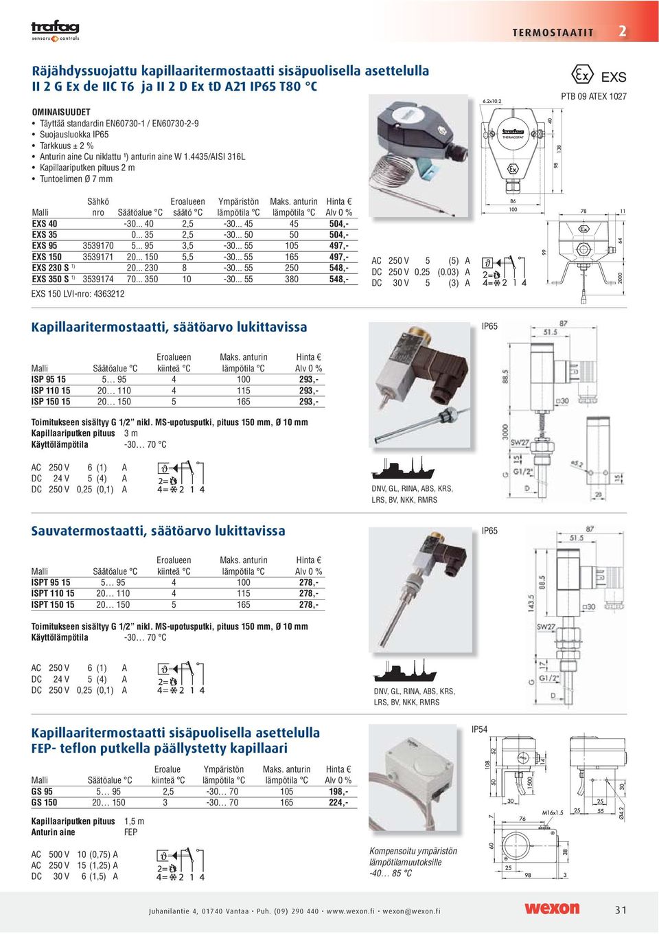 säätöarvo lukittavissa IP65 Malli Säätöalue C kiinteä C lämpötila C ISP 95 15 5 95 4 100 293,- ISP 110 15 20 110 4 115 293,- ISP 150 15 20 150 5 165 293,- Toimitukseen sisältyy G 1/2 nikl.