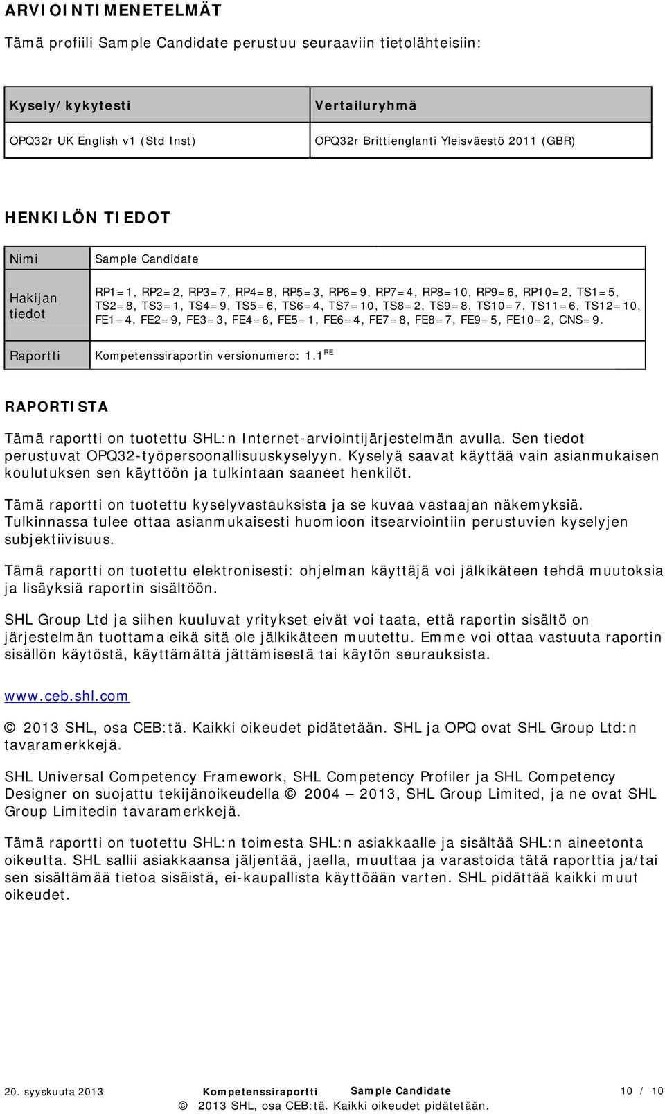 TS11=6, TS12=10, FE1=4, FE2=9, FE3=3, FE4=6, FE5=1, FE6=4, FE7=8, FE8=7, FE9=5, FE10=2, CNS=9. Raportti Kompetenssiraportin versionumero: 1.