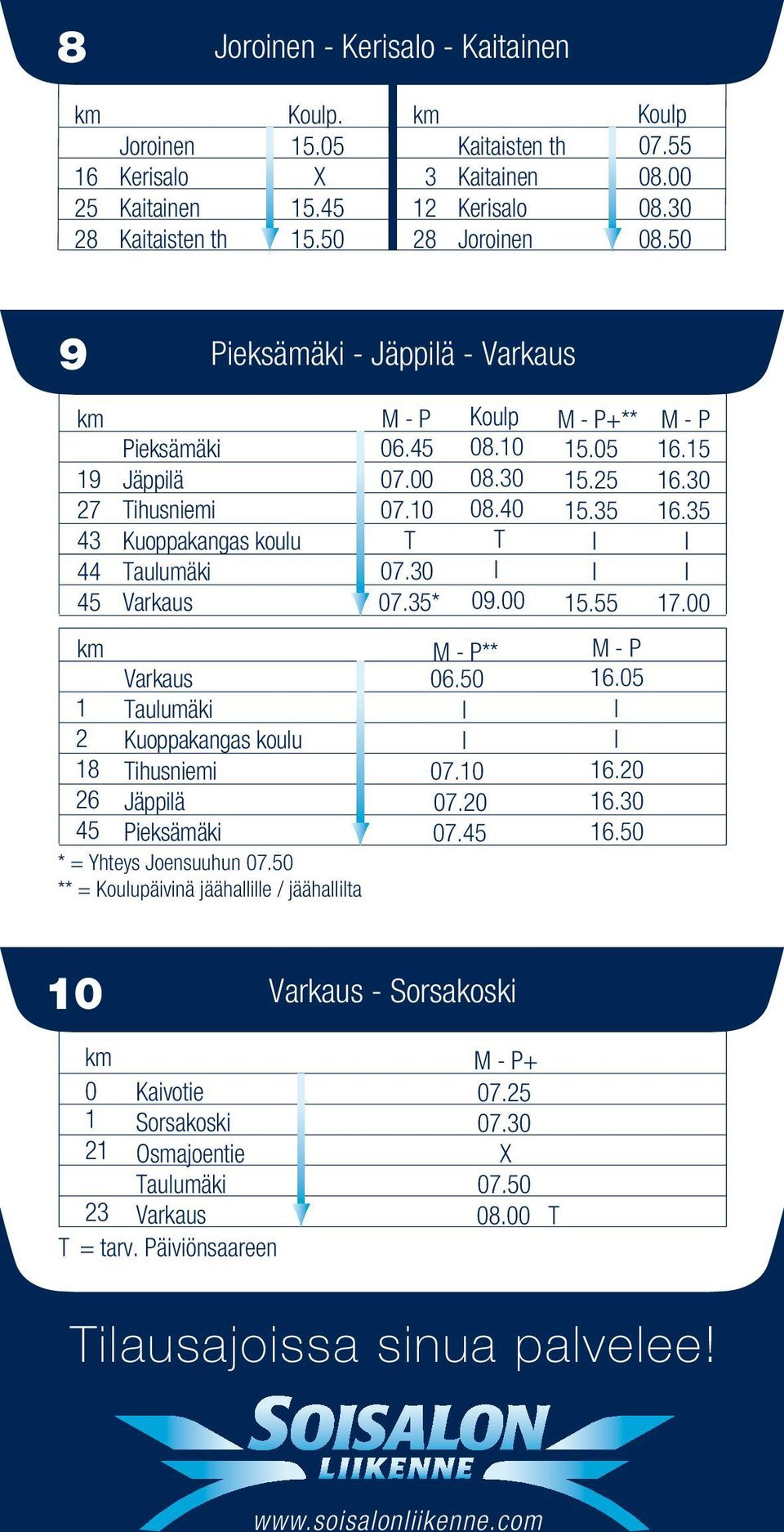 50 ** = Kouupäivinä jäähaie / jäähaita M - P 06.45 07.00 07.10 T 07.30 07.35* 08.10 08.30 08.40 T 09.00 M - P** 06.50 07.10 07.20 07.45 M - P+** 15.05 15.25 15.35 15.55 M - P 16.