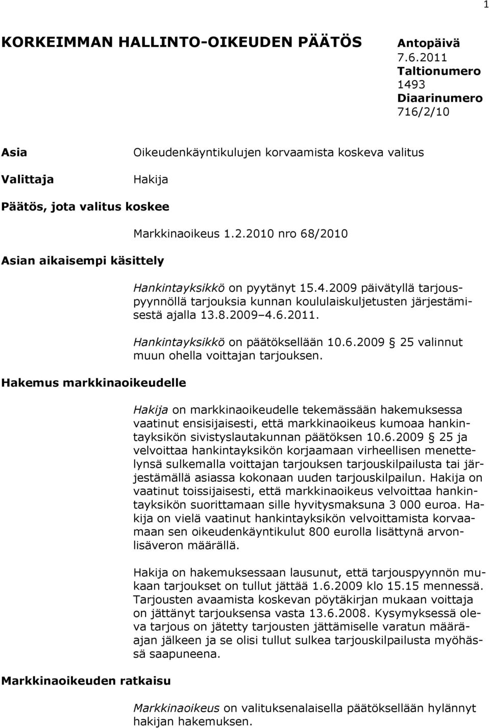 Markkinaoikeuden ratkaisu Markkinaoikeus 1.2.2010 nro 68/2010 Hankintayksikkö on pyytänyt 15.4.2009 päivätyllä tarjouspyynnöllä tarjouksia kunnan koululaiskuljetusten järjestämisestä ajalla 13.8.2009 4.