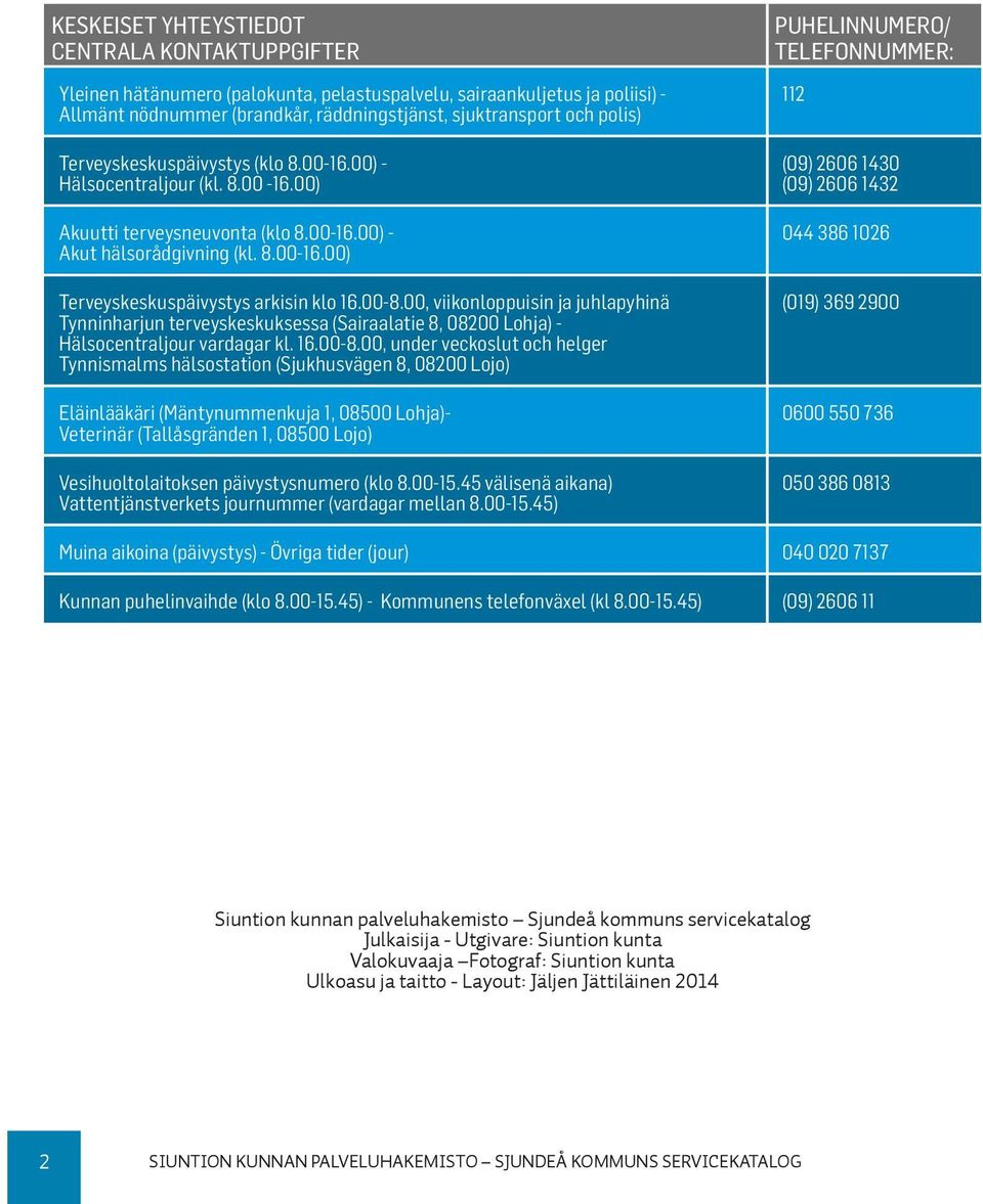 00, viikonloppuisin ja juhlapyhinä Tynninharjun terveyskeskuksessa (Sairaalatie 8, 08200 Lohja) - Hälsocentraljour vardagar kl. 16.00-8.